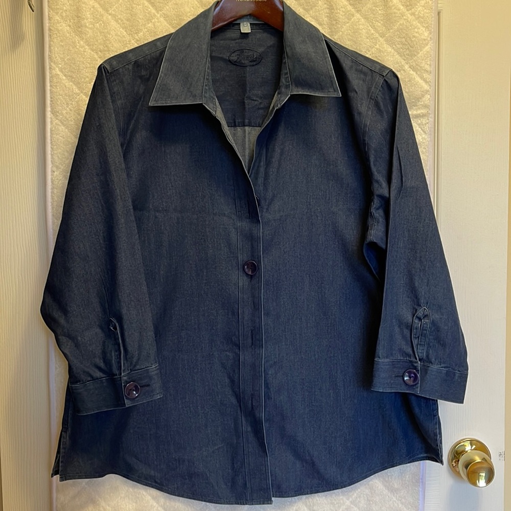 Foxcroft Womens Denim Top, Large Button, Non-Iron Shirt, 3/4 Sleeves, 14W